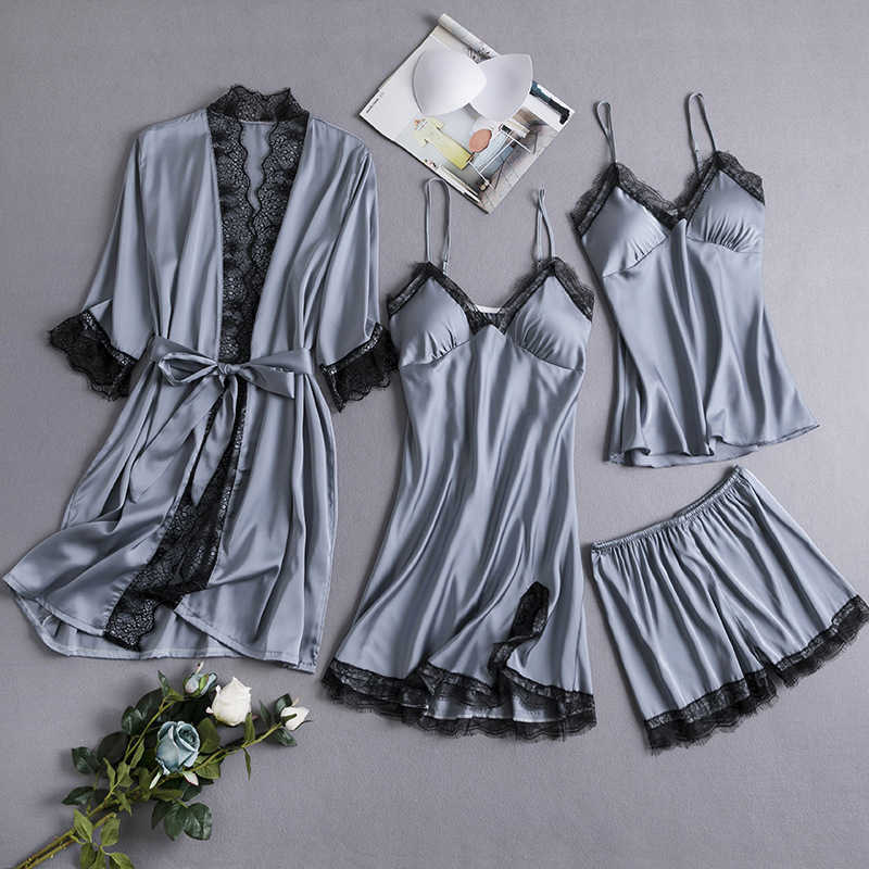 Pajamas Women Women Sleepwear Summer Lingerie Lightgown 4 قطعة مجموعة شورتات حريرية جليدية مثيرة