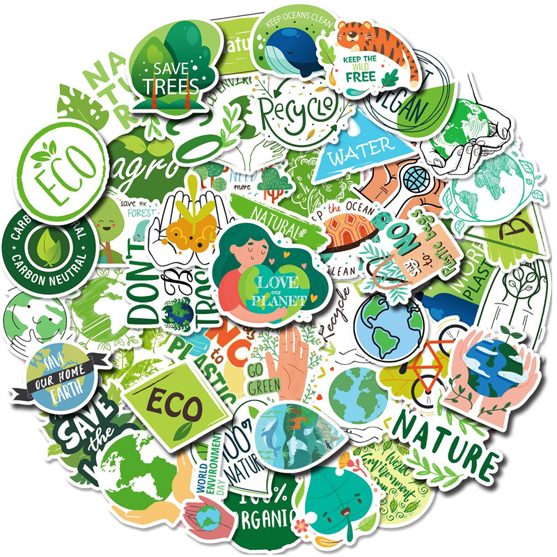 50 stks Eco milieubeschermingssticker groen logo voor doe -het -zelf laptop skateboard motorfietsstickers
