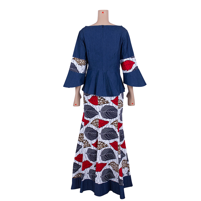 Two Pieces Dress African Ruffles Sleeve Print Tops and Skirt Sets for Women Bazin Riche African Clothing Customize Skirts Sets WY5712