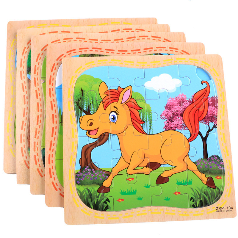 Cartone animato 16 pezzi piccoli pezzi puzzle giocattolo bambini animale in legno puzzle bambino primi giocattoli educativi scuola materna regalo bambini