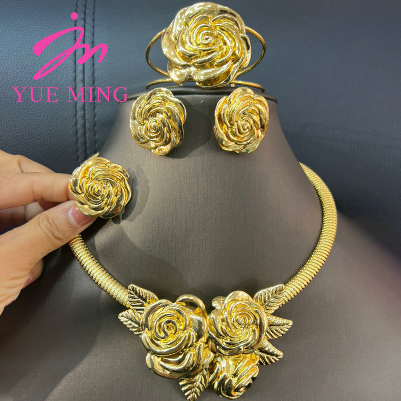 Other Jewelry Sets YM Flower Shape Set For Women 18k Gold Plated Necklace Ring Bracelet Bridal Earring Luxurious Copper Dubai Party Wedding 220831