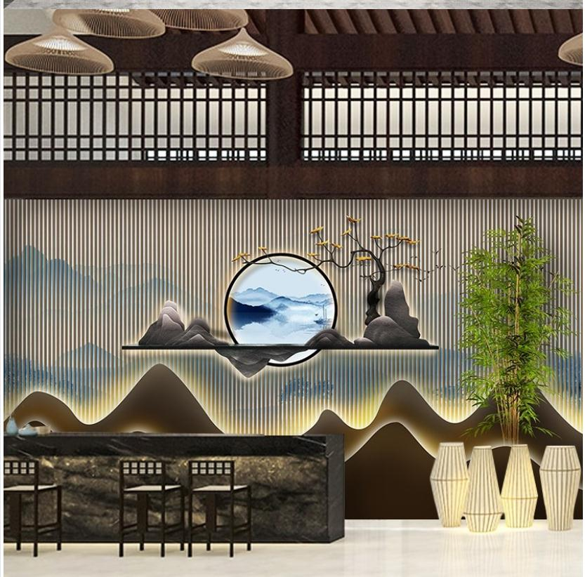 Modern new Chinese TV background wallpaper 3d light luxury landscape wall decoration mural study tea room wallpaper