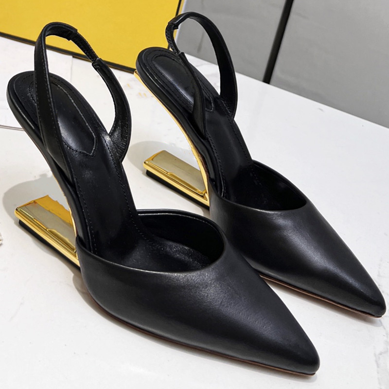 Frauen Frühling Sommer Slingback Schuhe Metall High Heel Spitzer Zehen echtes Leder Mode -Knöchelgurt Sandale