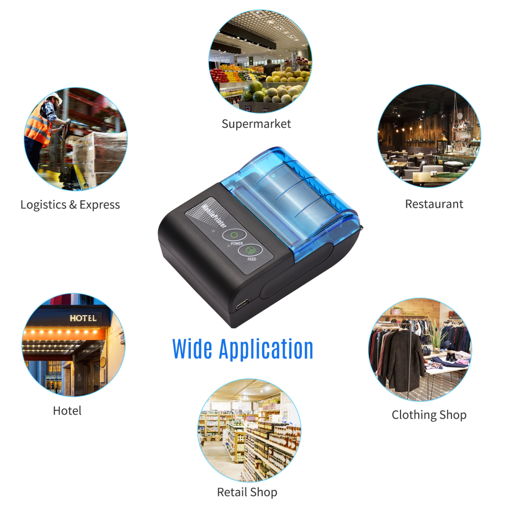 Wireless Bluetooth Thermal Printer QR Code Sticker Barcode Kvitto TILDE KLÄDER Taggar Etikettskrivare för Bill Machine Shop Store Supermarket Restaurant