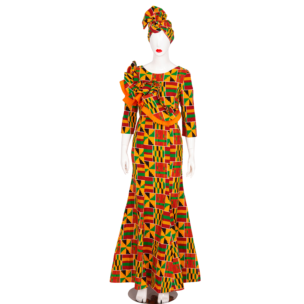 Bintarealwax African Maxi Casual Dress Bazin Riche Cotton Print Wax Long Dresses Nine Points Sleeve Plus Size Africa Clothing WY9492