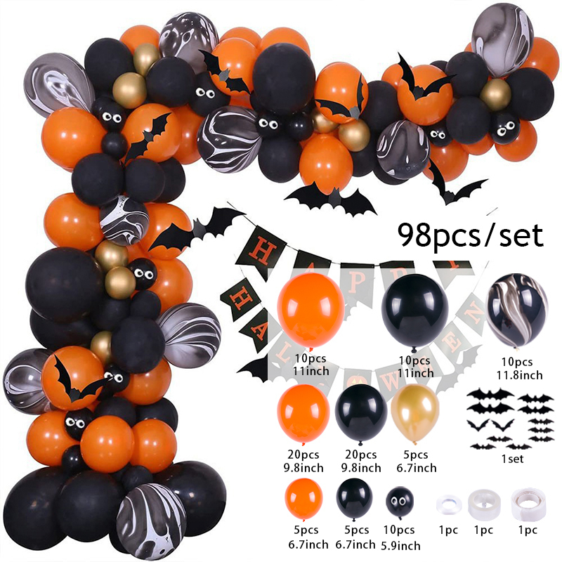 Décoration de fête Halloween Ballons Garland Arch Kit Chauve-Souris Araignée Squelette Feuille Décor Noir Orange Latex Globe 220901