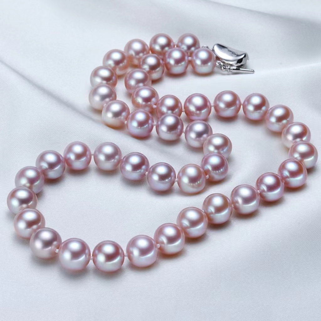 천연 담수 진주 라운드 진주 체인 9mm 크기 흰색 컬러 핑크 색채 보라색 보라색 길이 45cm 액세서리 925 여성 보석 패션을위한은 선물