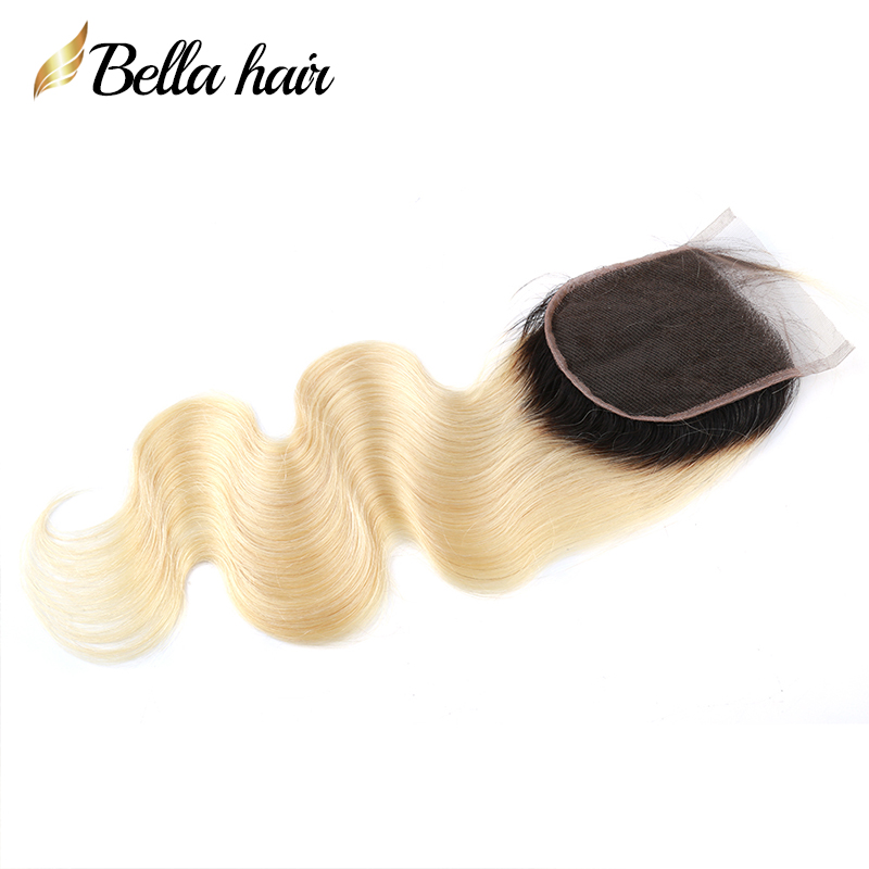 Brazilian Virgin Hair 1b/613 Blonde Lace Closures 4X4 Body Wave Human Hair Ombre 2 Tone Dark Root Pre-Plucked Hairline with Baby Hair Top Closure Bella Hair Slay