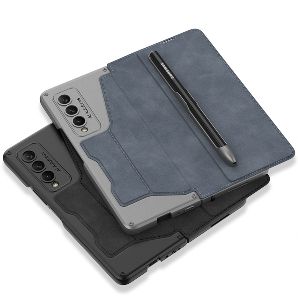 Flip Book Casos para Samsung Galaxy Z Fold 4 Caixa Temperada Filme de vidro de vidro Protetor Card Pen Groove Couro Tampa