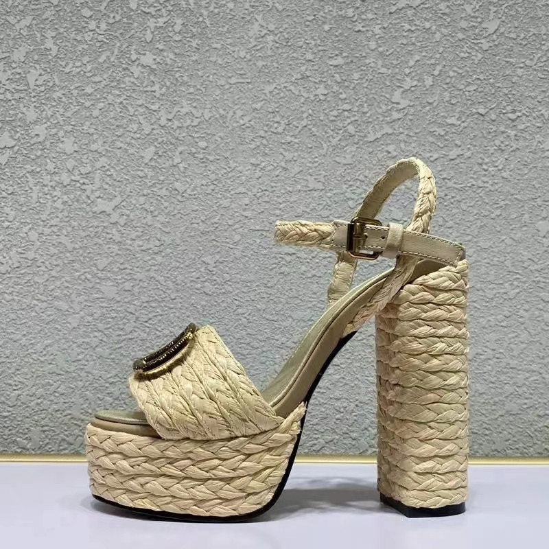 Tofflor designer sandaler kvinnor sko sommar mode spänne band väv lafit gräs lapptäcke äkta läder hög häl plattform skor sexig kvinnors sandal13cm