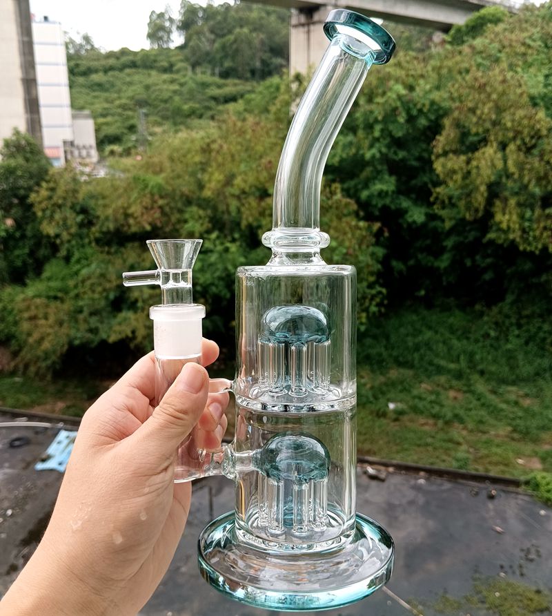 Narguilés de vidro de 9 polegadas, tipo reto, cachimbos de água com braço de árvore duplo perc cachimbos femininos de 14 mm