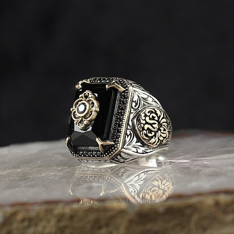 Vintage Turkish Signet Ring For Men Women Antique Silver Color Carved Eagle Ring Inlaid Green Zircon locomotive Punk Jewlry