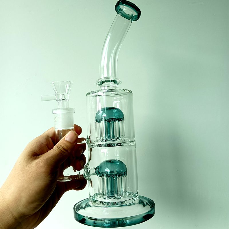 9 Inch Green Glass Water Bong Hookahs Female 14mm Thick Smoking Pipes With Double Tree Arm Perc