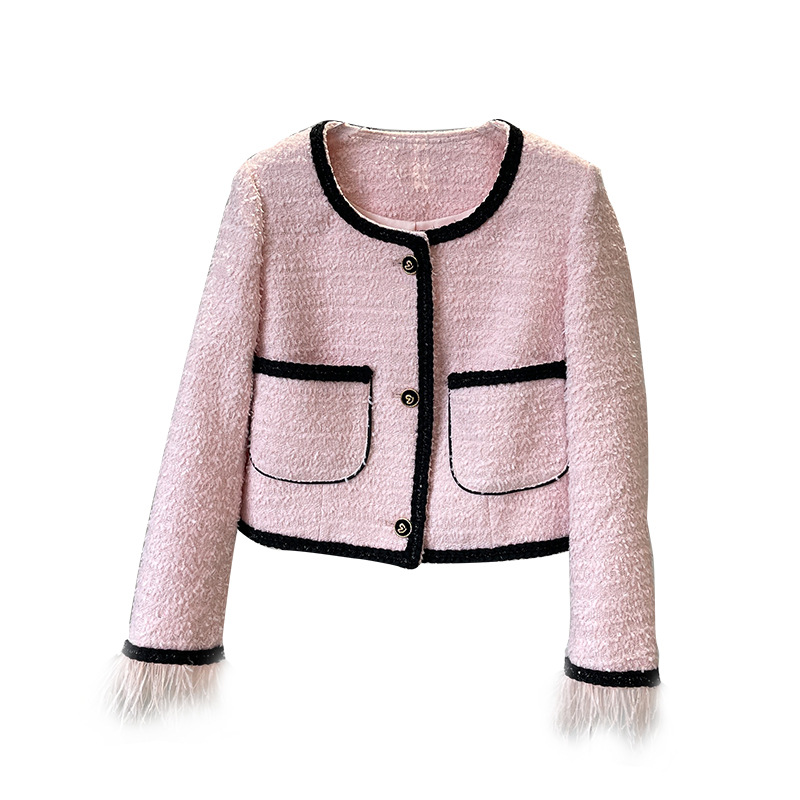 2022 Herbst Rundhals-Tweed-Panel-Jacke, rosa Kontrastfarbe, lange Ärmel, einreihig, Feder-Kontrastbesatz, Jacken, Mantel, kurze Oberbekleidung, 22G186260