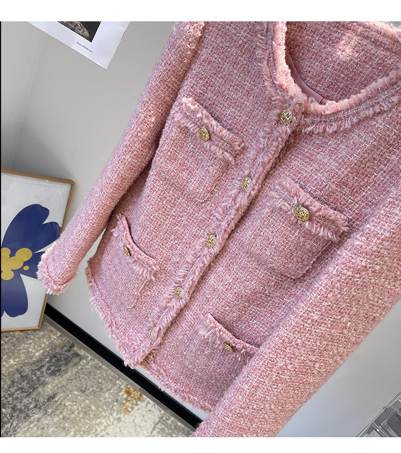 2022 Casa de tweed de tweed redondo de outono Casaco de tweed rosa cor sólida de manga longa de manga longa jaquetas casaco de casaco curto 22G186236