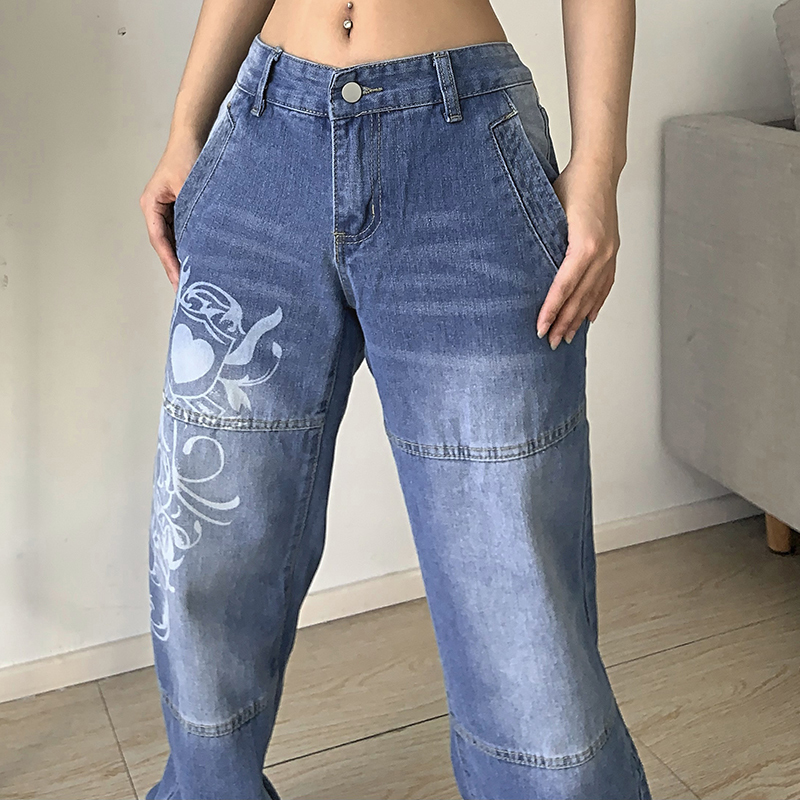 Jeans da donna Harajuku stampato Cargo Y2K Blu scuro marrone Vita alta Streetwear Pantaloni larghi da donna 90S Jeans dritti a gamba larga 220902