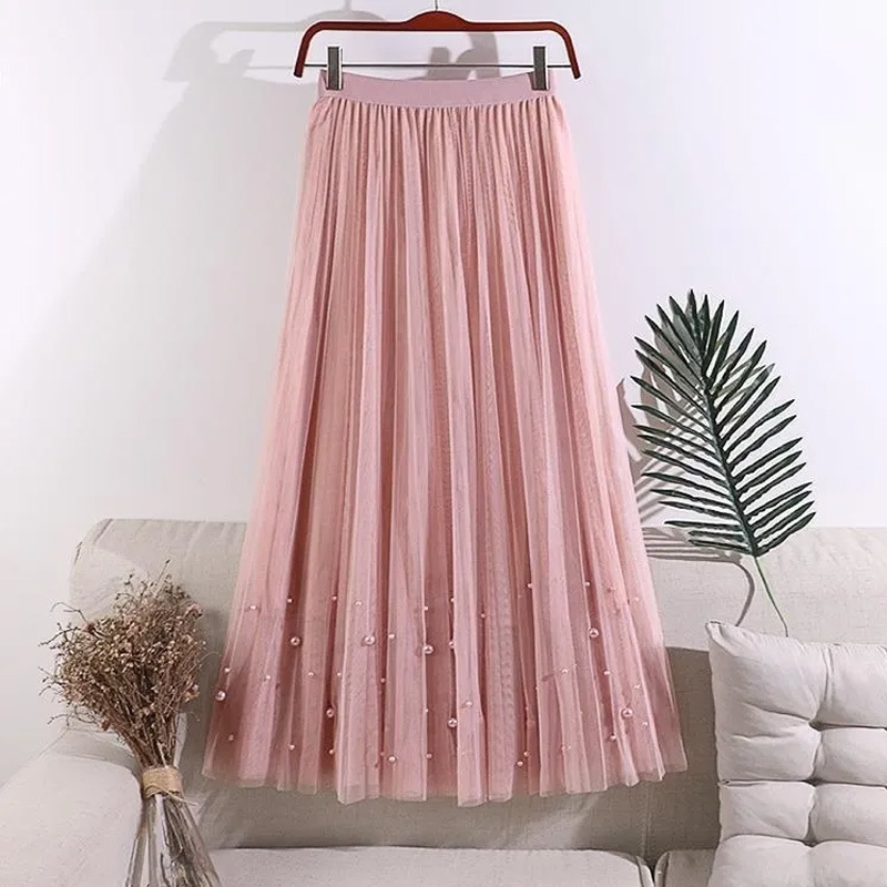 Robes décontractées Style coréen Mode Maxi Long Tulle Jupe Femmes Taille Haute Été Automne Vintage Harajuku Rose Élastique Plissé Tutu 220902