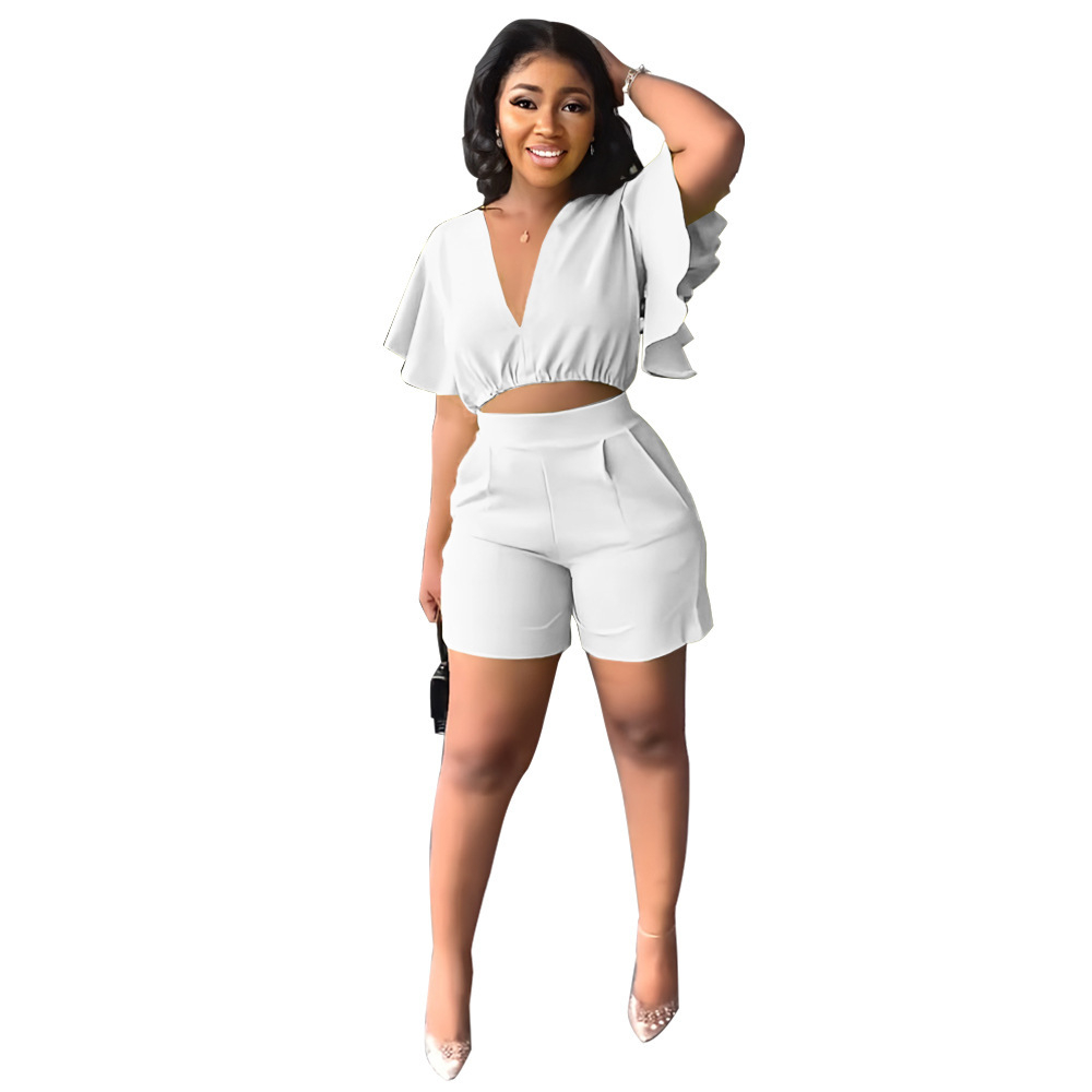 Summer New Ruffles Sleeve Tracksuits para mulheres sem mangas V Top de colheita de pescoço e shorts casuais em casa conjuntos de 2 peças XA8205