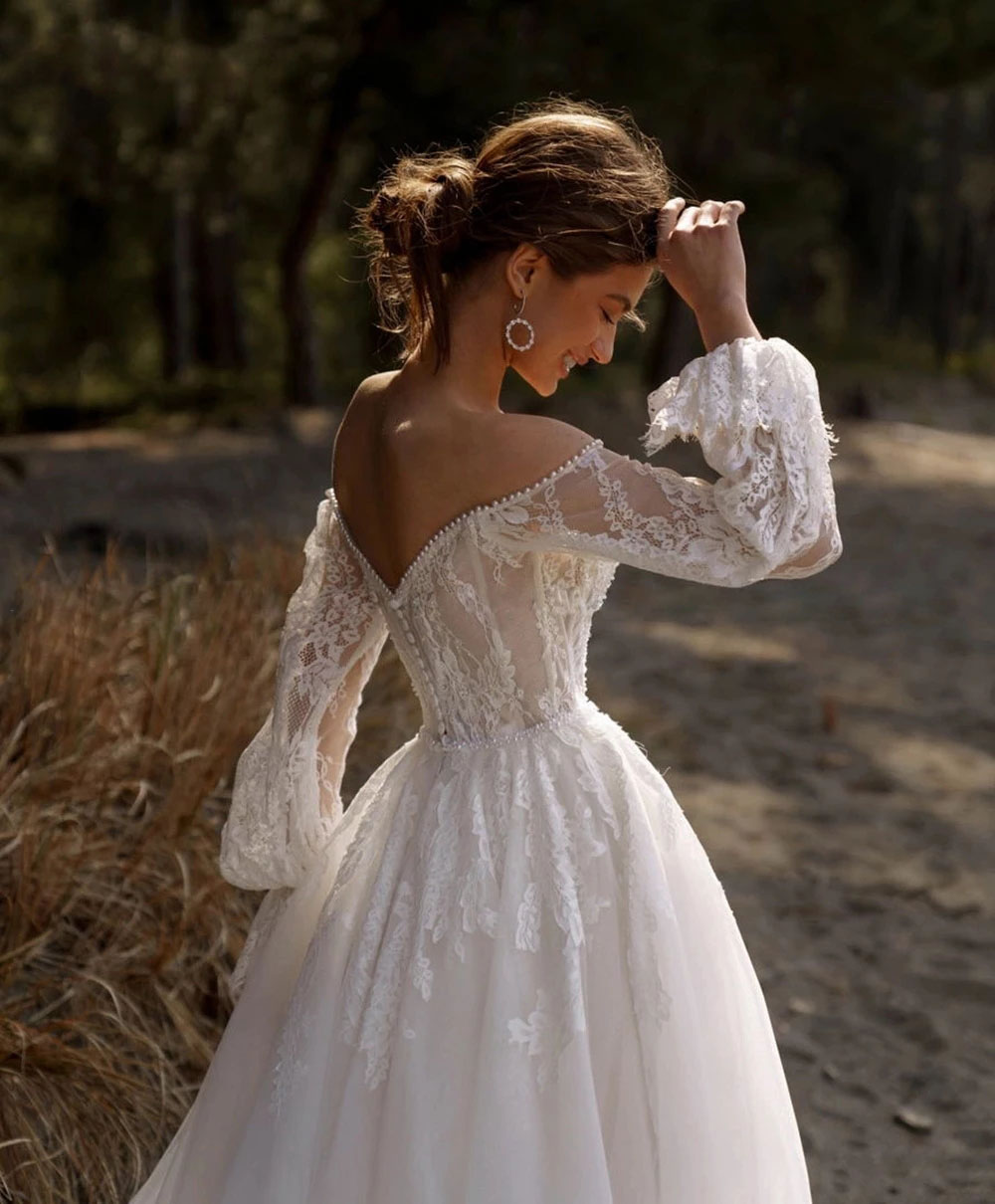 Elegant Off-shoulder Lace Bridal Dress 2022 Newest Long Sleeve Country Wedding Gown with Pearls A-line Robe de Mairage