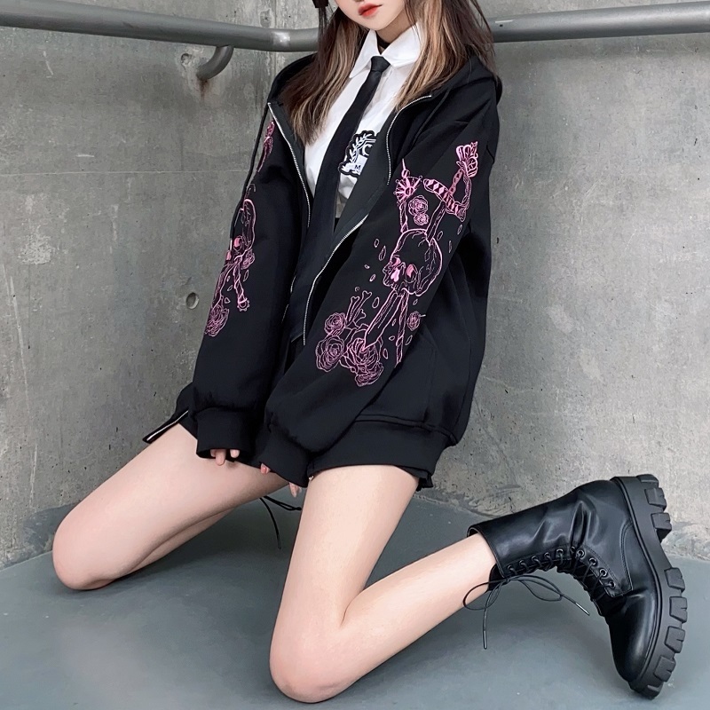 Women's Hoodies Sweatshirts Punk Graphic Print Zipper Ribbon Hooded Hoodie vintage Black Oversize Coat Sweatshirt 90s Streetwear clothes jacket top 220902