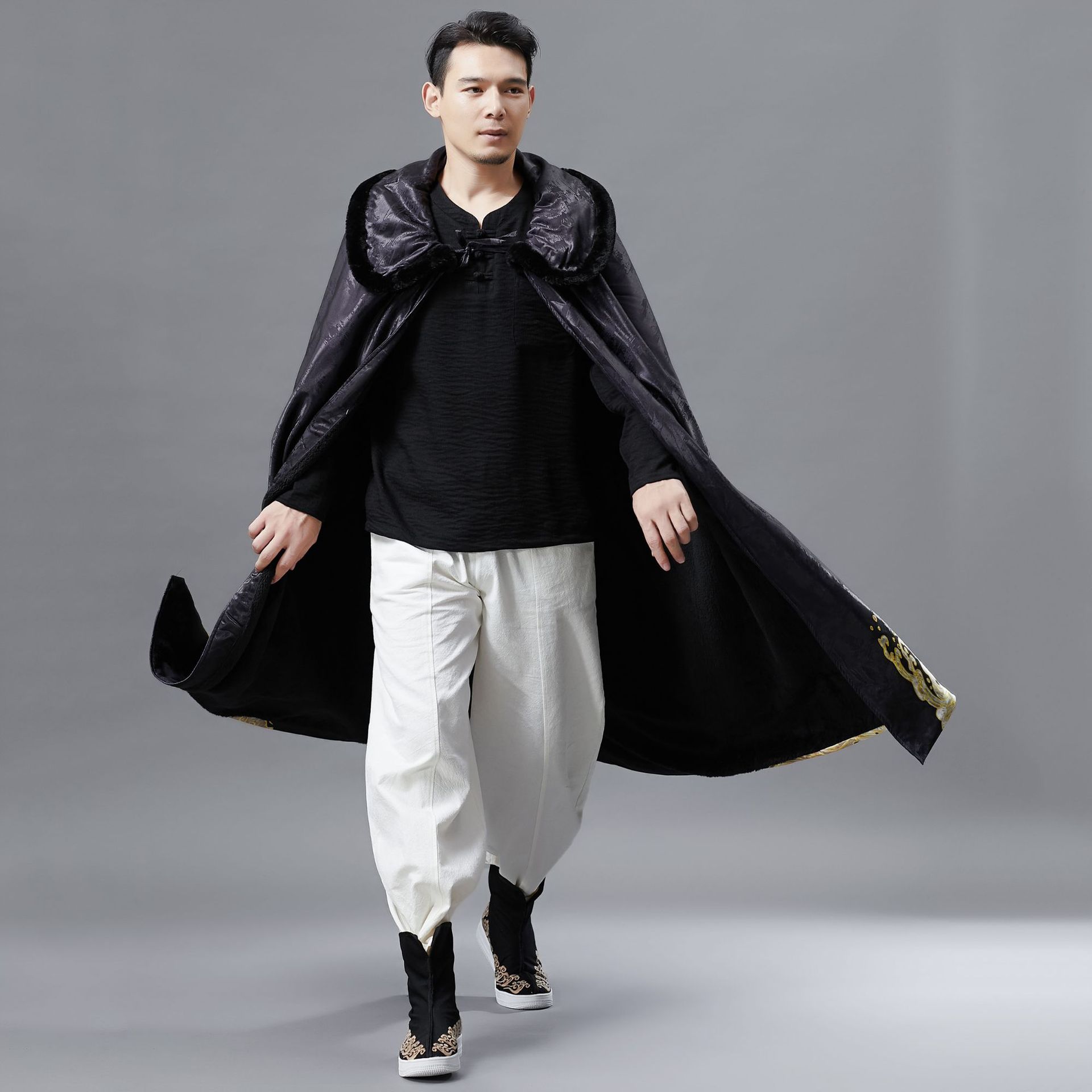 남성용 트렌치 코트 민족 겨울 남성 겉옷 망토 후드 케이프 레트로 패턴 의상 검은 바람막이