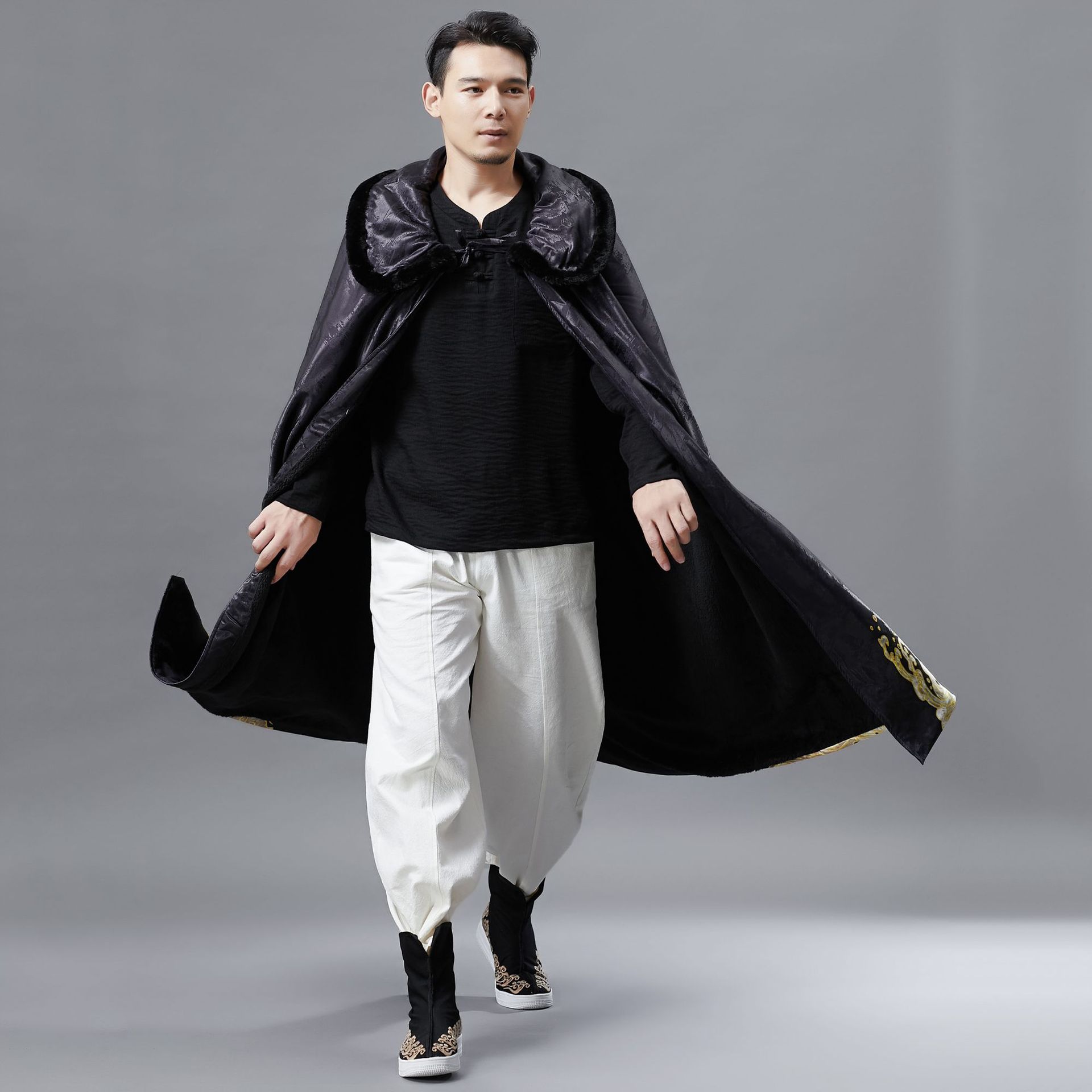 Men's Trench Coats Ethnic Winter Men Outerwear Cloak Hooded Cape Retro Pattern Costume Black Windbreakers