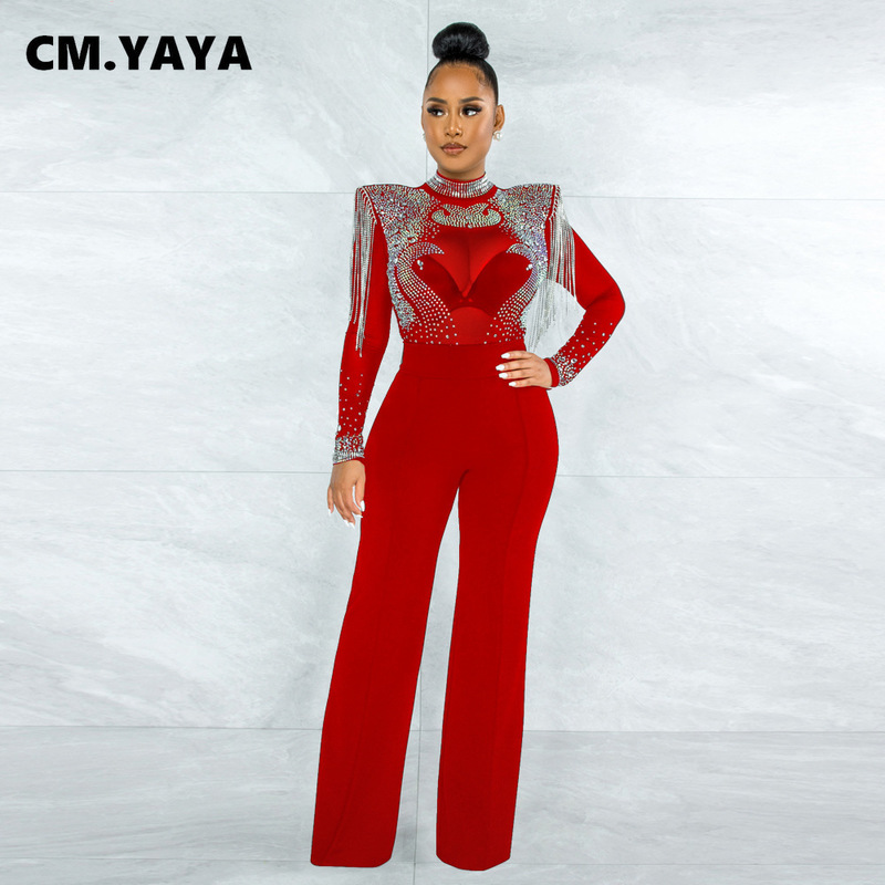 Women's Jumpsuits Rompers CM.YAYA Women Solid High Collar Drill Mesh Shoulder Cotton Long Sleeves Straight Sexy Party Outfits 220902