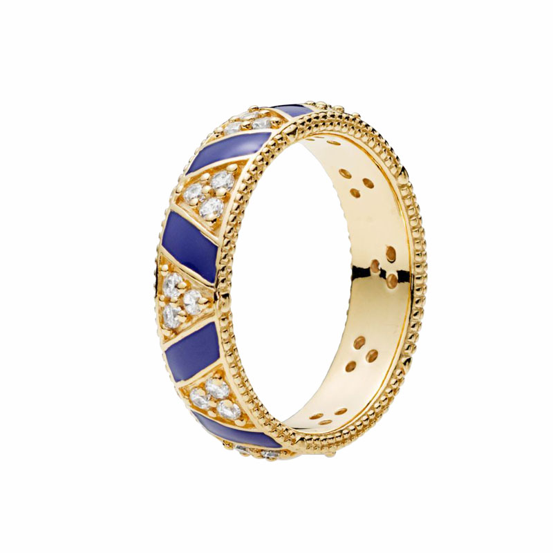 Or jaune plaqué rayures bleues pierres bague femmes hommes mariage designer bijoux pour pandora réel argent sterling couple amoureux anneaux avec boîte d'origine