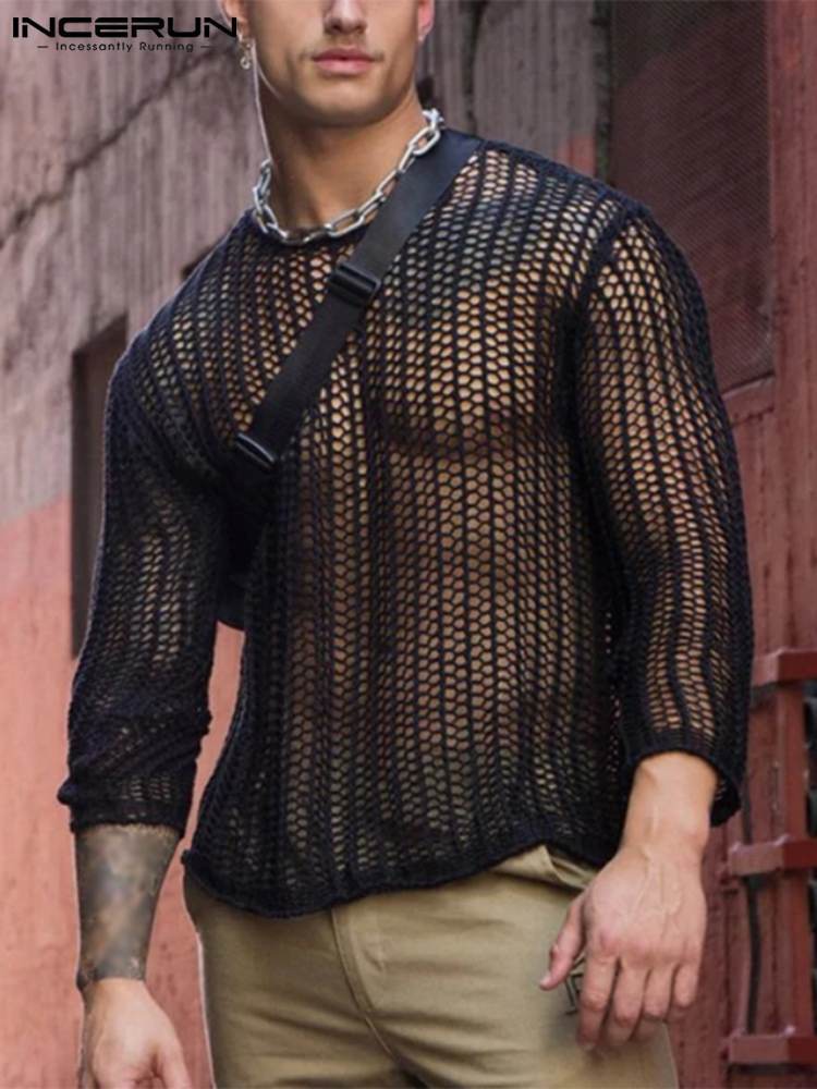 Men's T-Shirts Men Mesh T Shirt Transparent O-neck Long Sleeve Streetwear Men Clothing Sexy Solid Party Nightclub Camisetas S-5XL INCERUN 220902