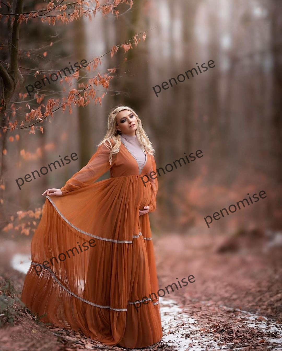 V Neck Long Sleeve Maternity Dress for Photoshoot Prom Dresses Tulle Baby Shower Gowns Single Outfit vestido de novia