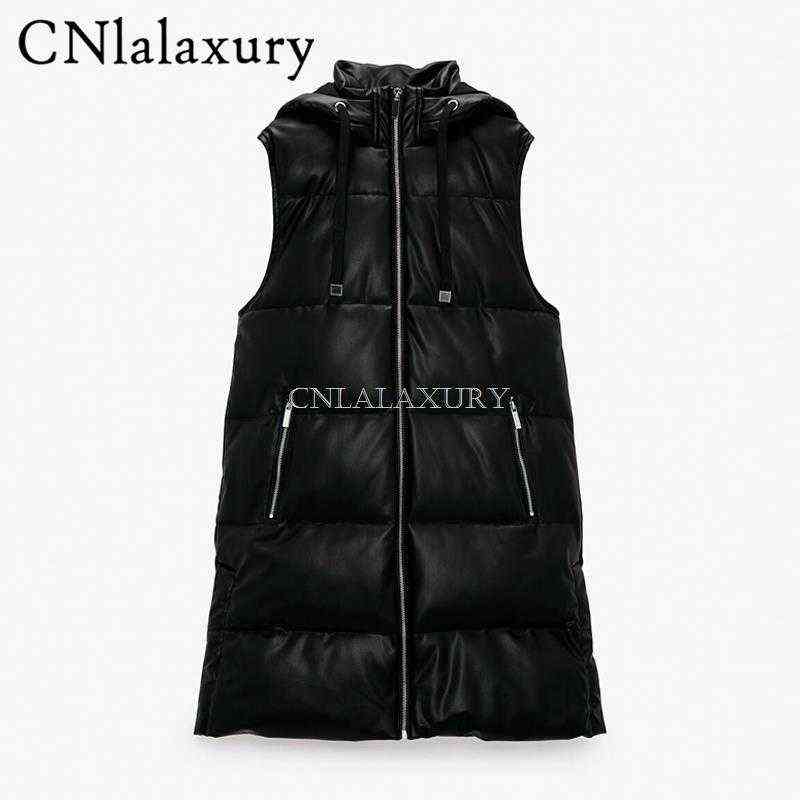 Women's Down Parkas 2022Winter Fashion Hooded Vests Women Elegant Side Pockets Coats Female Faux Leather White Straight Long Vest Ladies Parkas T220902