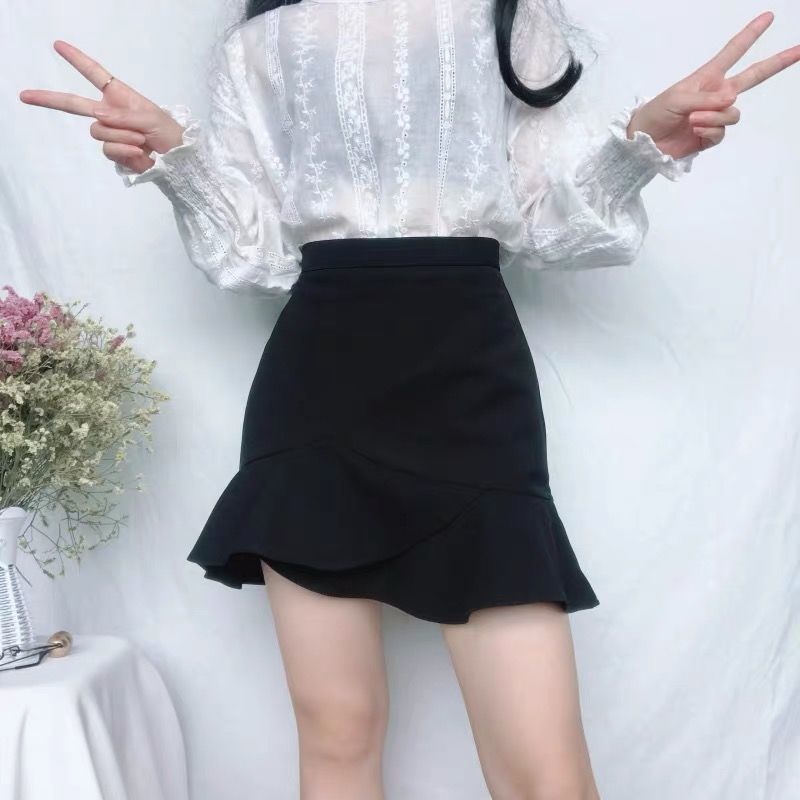 カジュアルドレススカート女性夏のフリル韓国スタイルのヒップスカートスレンダーミニファッションレジャーソリッドウルツァンブラックレディースファルダスシックレトロ220902