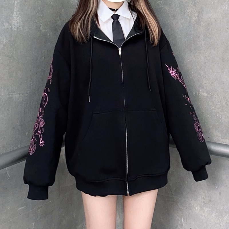 Women's Hoodies Sweatshirts Punk Graphic Print Zipper Ribbon Hooded Hoodie vintage Black Oversize Coat Sweatshirt 90s Streetwear clothes jacket top 220902