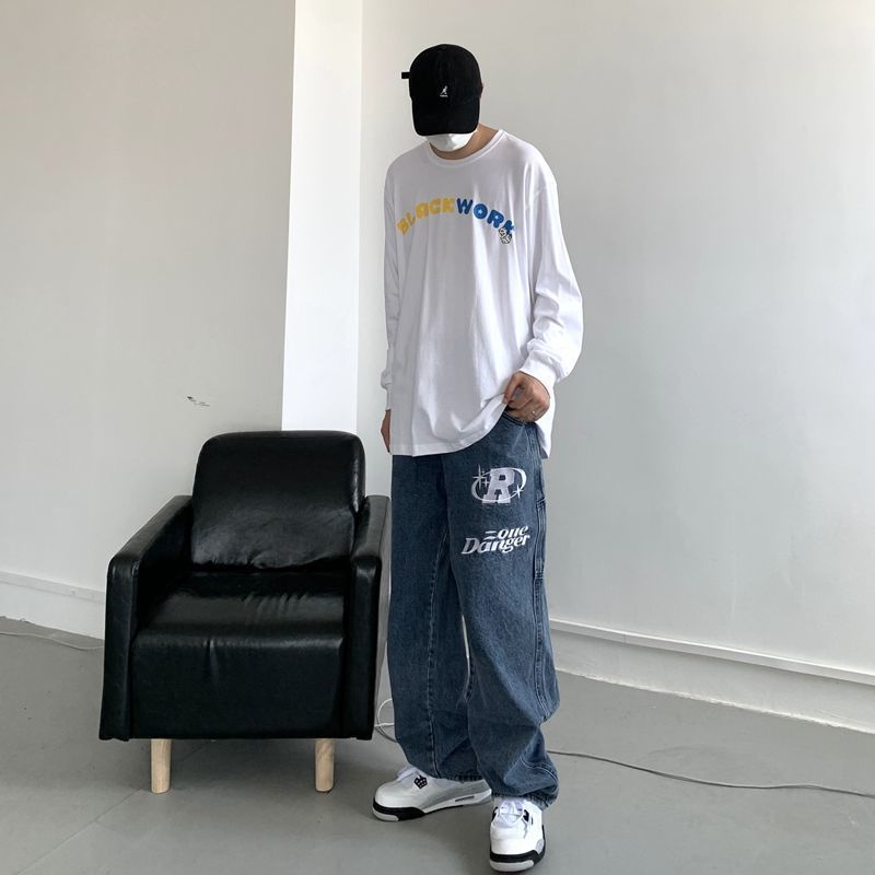 Herren Jeans Herbst Streetwear Retro Hiphop Buchstaben Stickerei Jeans lose gerade Beinhose weites Bein für Männer und Frauen Paare 220902