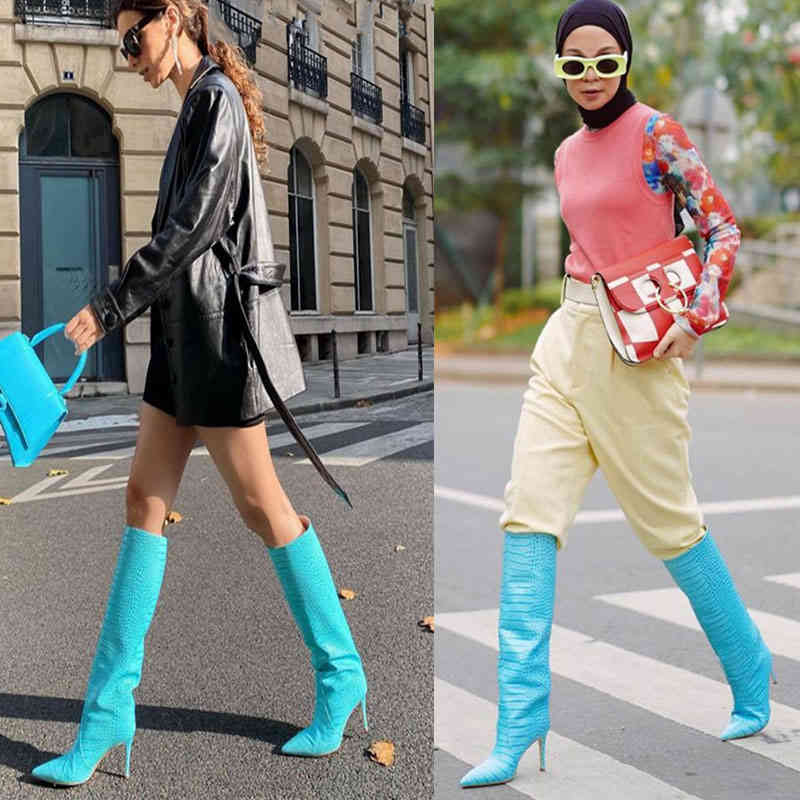 Bottes de haute qualité en cuir artificiel talon fin bout pointu genou long 2021 automne hiver nouvelles chaussures pour femmes vert bleu 220901