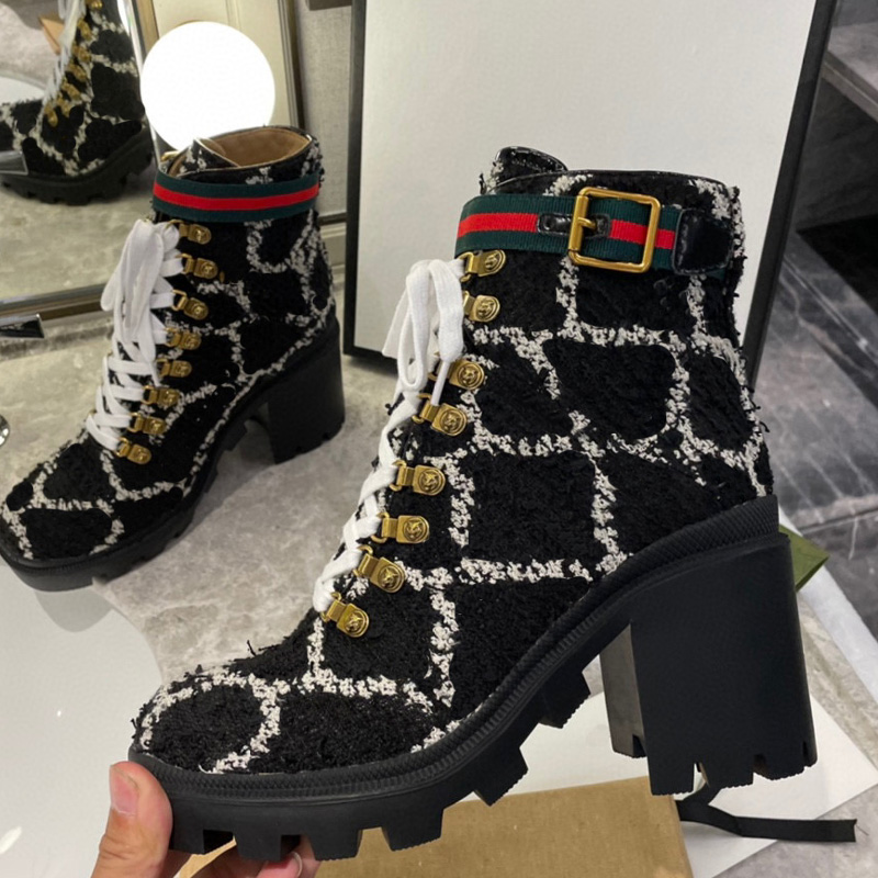 Vrouw lederen martin laarzen schoenen veter lint riem gesp bos enkel laarzen fabriek direct vrouwelijk ruw 9,5 cm hoge hak round head herfst winter 6 cm hiel laarzen maat35-42