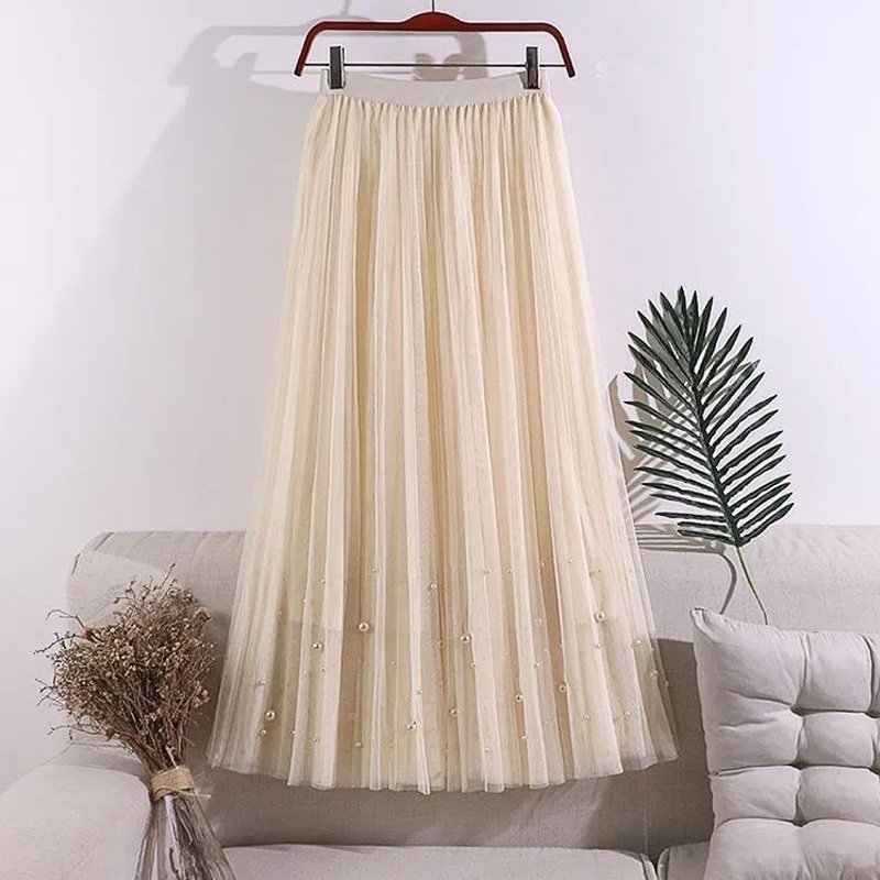 Casual Dresses Korean Style Fashion Maxi Long Tulle Skirt Women High Waist Summer Autumn Vintage Harajuku Pink Elastic Pleated Tutu 220902