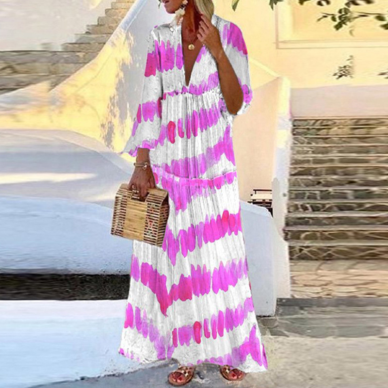 Robes de travail Été Boho Long Robe Femmes Elegant V Neck Neck Short Sleeve Prist Sundress Femme Vintage Maxi Robe décontracté 220902
