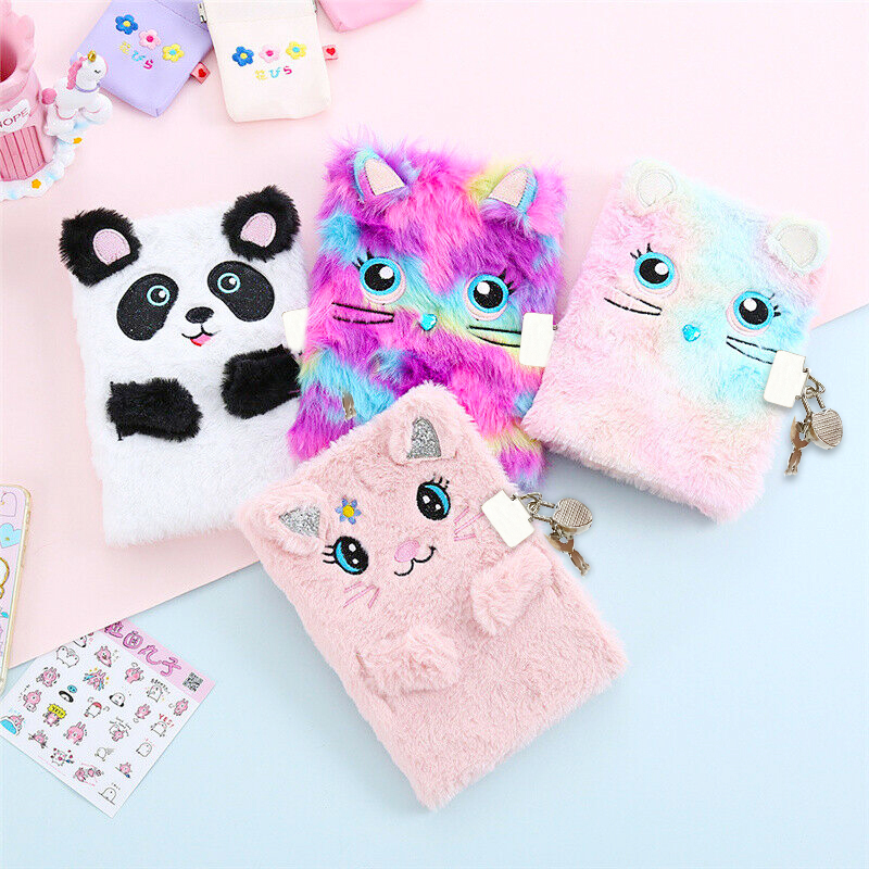 Notepads Cute Plush Diary Secret Notebook with Lock and Key for Kids Girls Boys Fuzzy Note Book Stationery Gift 1 Keychain 2 Stickers 220902