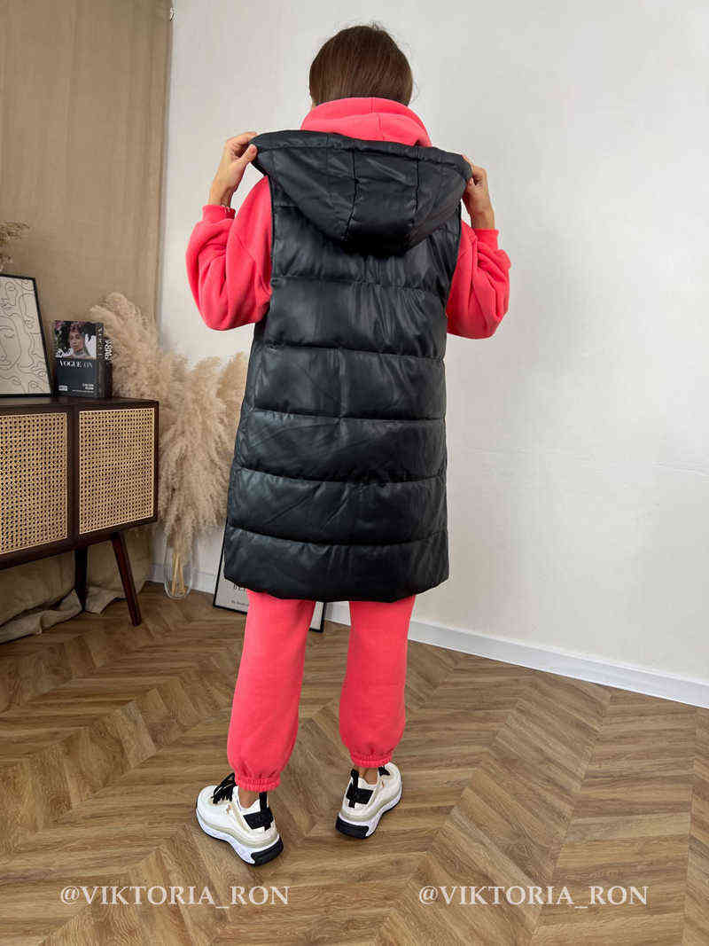 Women's Down Parkas Cnlalaxury 2022 New Winter Women Hooded Faux Leather Vests Coat Elegant Pockets Sleeveless Jacket女性カジュアルロングウエストコートT220902