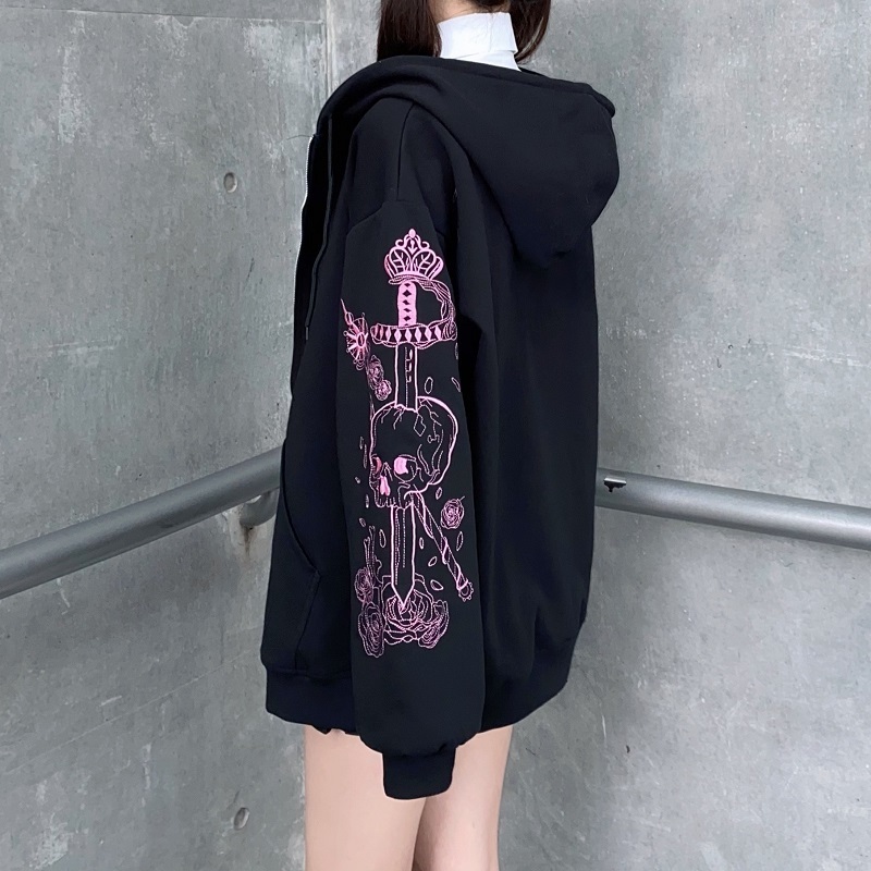 Women's Hoodies Sweatshirts Punk Graphic Print Zipper Ribbon Hooded Hoodie vintage Black Oversize Coat Sweatshirt 90s Streetwear clothes jacket top 220902