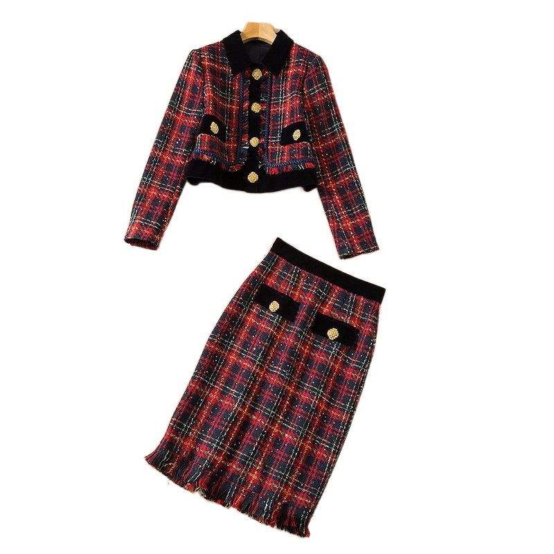 2022 Autumn Two Piece Dress Long Sleeve Lapel Neck Red Plaid Tweed Single-Breasted Coat & Panelled Tassel Mid-Calf Skirt Suits Set 22G26T XXL 2XL