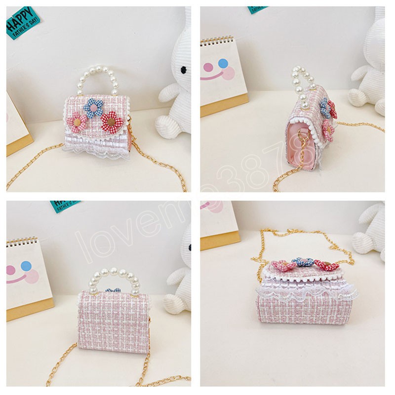 Girls Pearl Handle Small Square Shoulder Bags Children Flower Accessories Crossbody Bag Luxury Kids Plaid Coin Purse