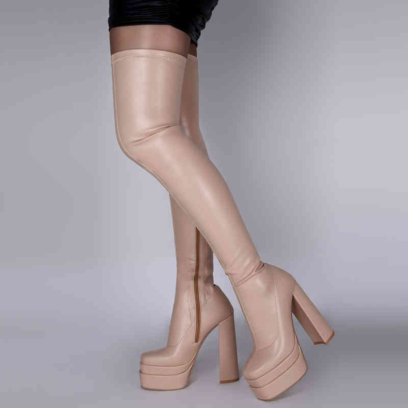 Сапоги черная платформа женская бедра с высокими каблуками толстая подошва мягкая кожаная эластичная эластичная на колене обувь 220901