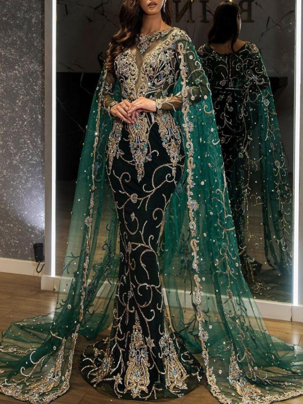 2023 Evening Dresses Emerald Prom Ball Gown Long Sleeve Sparkling Luxury Lace Bridal Modest Dress With Detachable BC14284 GB0902