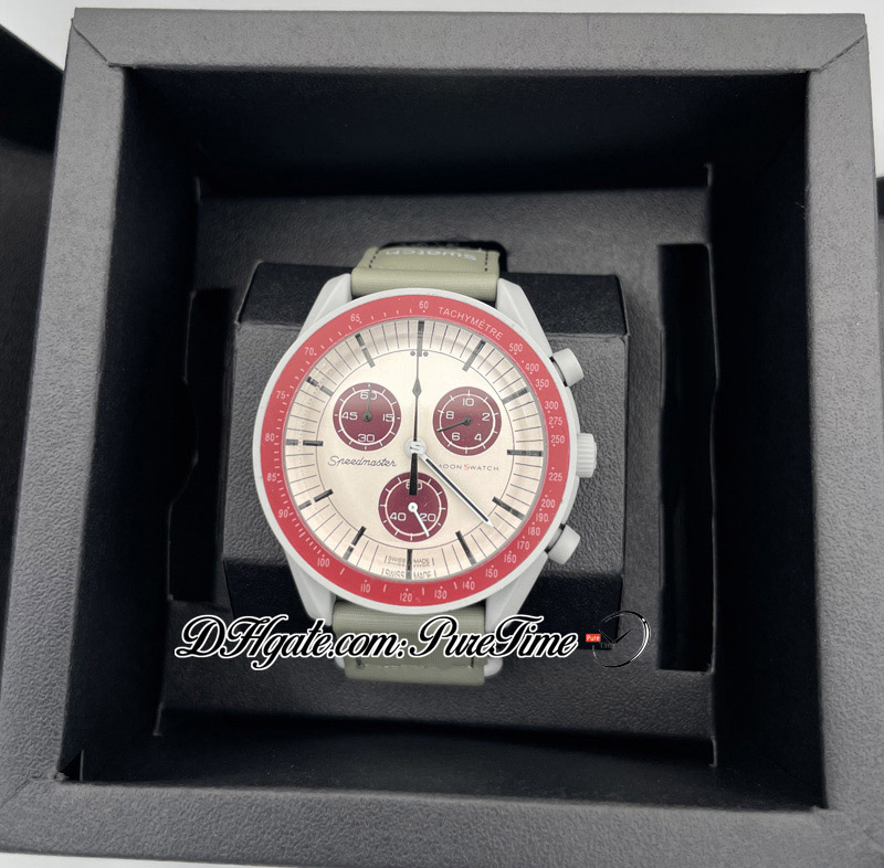 Bioceramic Moonswatch Swiss Quqrtz Chronograph Mens Watch SO33M101 Mission To Pluto 42 Real Light Cool Grey Ceramic burgundy Nylon4142175