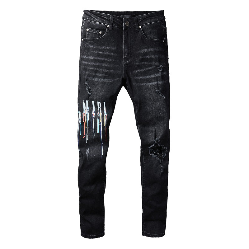 Herren Jeans Schaumenspray Farbe Bunte Druckbuchstaben Denim Black Skinny Ripped Jeans272y