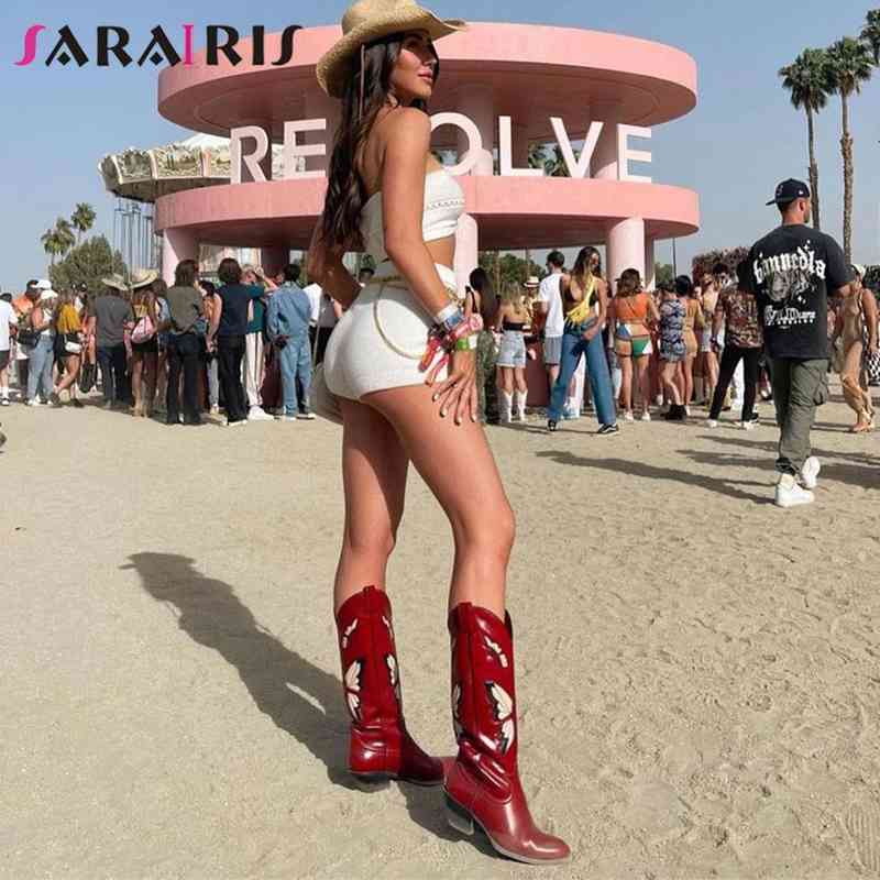 Boots Brand New 2022 Autumn Winter Women's Western Mid Boots Boots chunky heels Butterfly Cowgirl Cowboy Boots Long Boots for Woman 220903