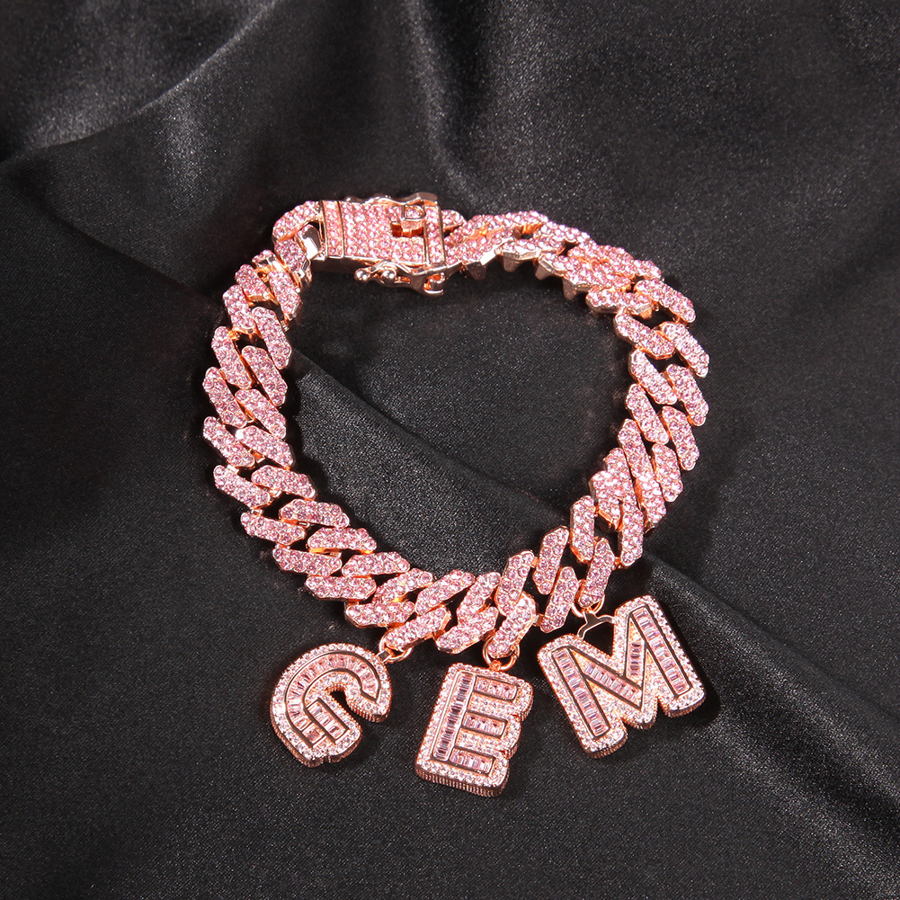 TopBling A-Z Personnalisé Nom Lettres Pendentif Colliers Bracelets 12mm Cubain Lien Chaîne Bracelet Or Rose Plaqué