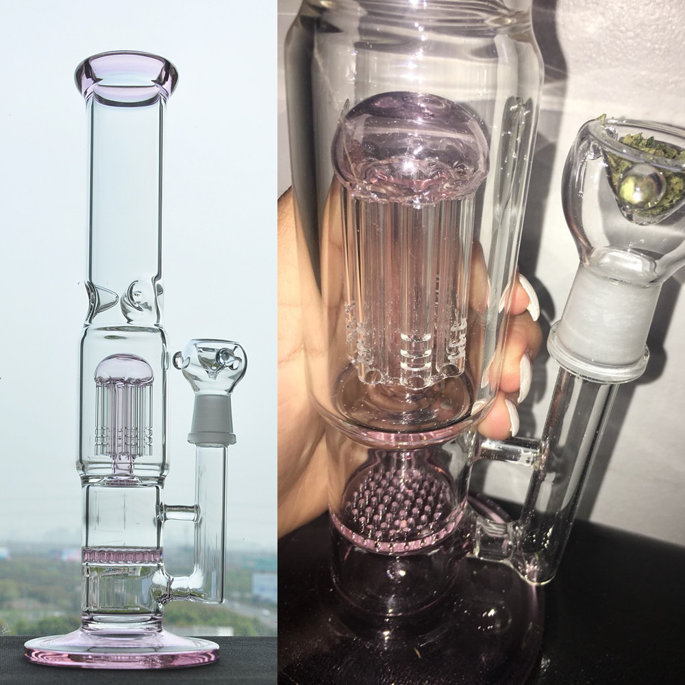 Pink Thick Glass Hookahs Arm Tree Perc Bongs Water Pipe Bubbler with Honeycomb Recycler Smoking Oil Dab Rig with 18 mm Joint